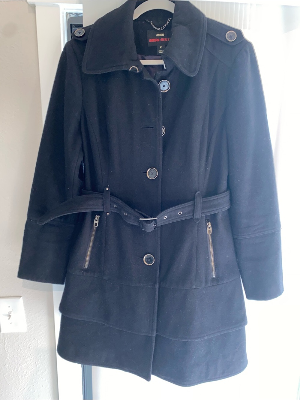 Miss Sixty Black Wool-Blend Belted Trench Coat - Like New Condition!